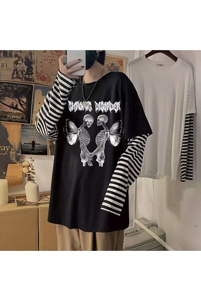 Köstebek Μπλουζάκι με ριγέ μανίκια Harajuku Gothic Gromig Disorder Love Skeleton (UNISEX)