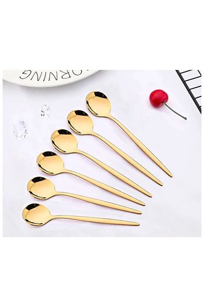 stilsenin34 6Pcs Gold Korean Tea Spoon Coffee Ice Cream Dessert Cake Sugar Spoon Set Round Stainless Steel