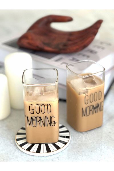 GUEZIA Heat Resistant Borosilicate Rectangular Cup Good Morning| 2 Pieces| 350ml