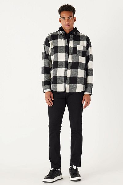 ALTINYILDIZ CLASSICS Ανδρικό εκρού-μαύρο πουκάμισο Comfort Fit Relaxed cut Button γιακάς με καρό σχέδιο φανέλα