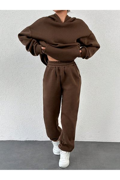 only moon Brown 3 Thread Women's Tracksuit Set - Top and Bottom Set
