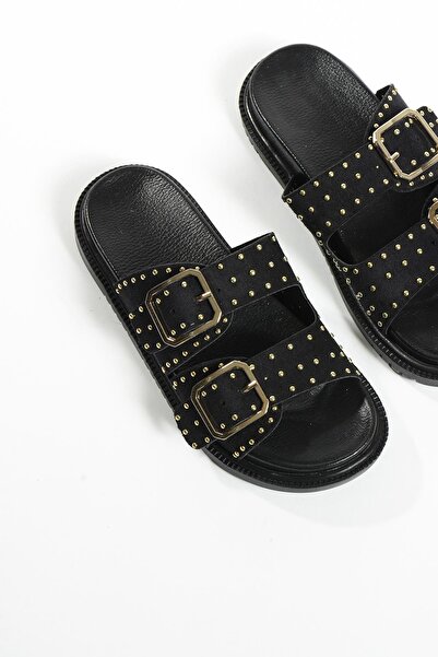 McDark Papuci damă MAGNOLIA din piele întoarsă neagră - Trop Detaliat