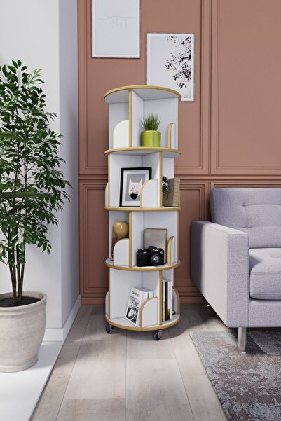 zeo wood design 360° Mdflam Dekoratif Döner Kitaplık - Beyaz - 133x45 Cm