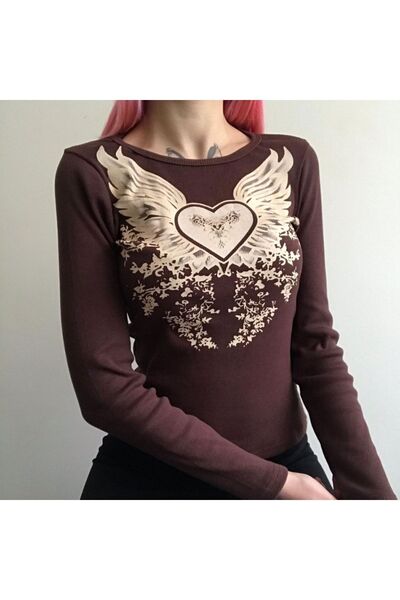 Köstebek Kahverengi Harajuku Fashion Heart Wings Grunge Uzun Kollu