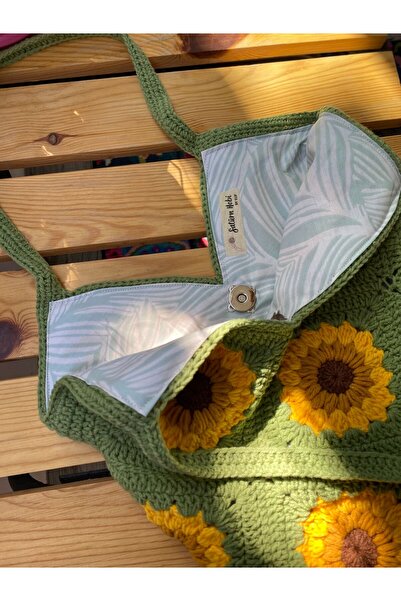 Satürn Hobi Örgü Ayçiçek Motifli Astarlı Kol Çantası