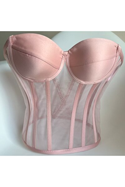 sara tasarım Pudra Transparan Balenli Bağlamalı Büstiyer Hazır Beden