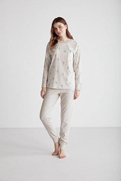 U.S. Polo Assn. U.s Polo Assn. 16978 Kadın Bej Melanj Yuvarlak Yaka Uzun Kollu Pijama Takımı -Bejmelanj