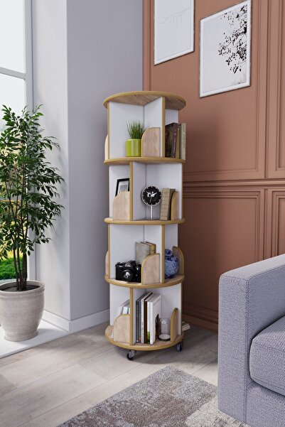 zeo wood design 360° Mdflam Dekoratif Döner Kitaplık - 133x45 Cm - Sonoma/beyaz