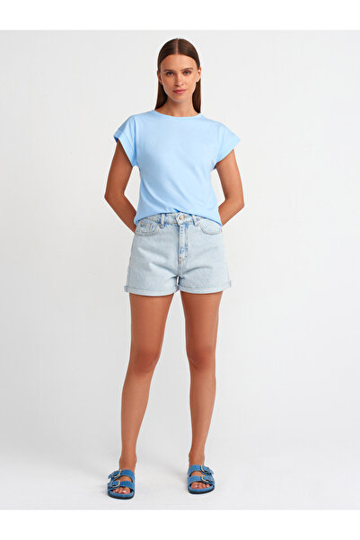 Dilvin 3504 Ανοιχτό μπλε λαιμόκοψη χτενισμένο βαμβακερό μπλουζάκι