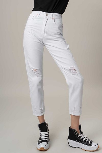 its basic Women's White Color 100% Cotton Ripped at the Knee Mom Fit Denim Trousers