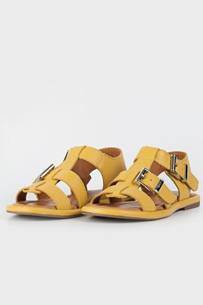 TUNAELLİ Women's Yellow Genuine Natural Leather Flat Sandals
