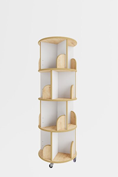 zeo wood design 360° Mdflam Dekoratif Döner Kitaplık - Beyaz / Safir Meşe - 133x45 Cm