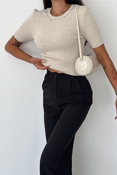 FEMELLE Μπεζ Βαμβακερή Πλεκτή Μπλούζα - Κοντό μανίκι με πέρλες ραφές