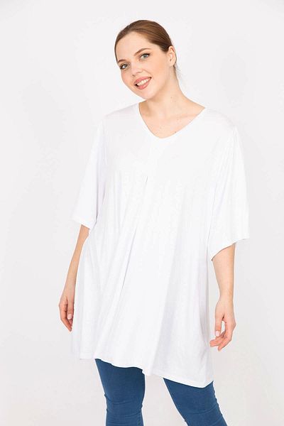 Şans Women's White Large Size Front A Pleated V-Neck Long Blouse 65n35951