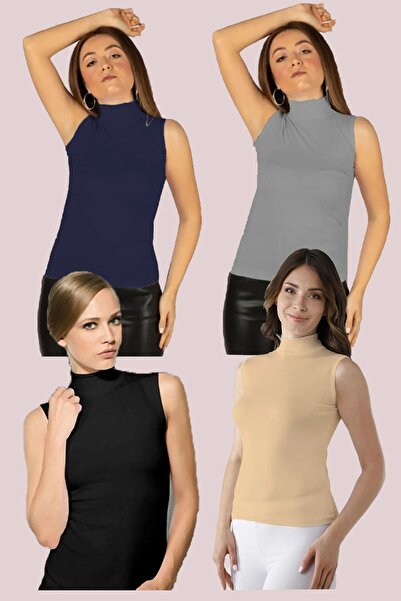 nacar çarşı Kadın Sıfır Kol Yarım Balıkçı Likralı Esnek Badi 4lü Body (4 Adet) Lacivert Gri Siyah Bej