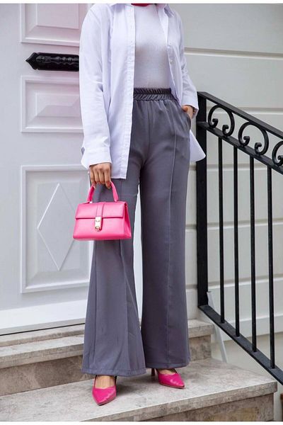 Tesettür Diyarı Gray Women's Crepe Trousers - Dumbbell Striped