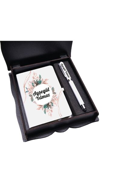 hediyekralı Renkli Çiçek Desenli Lüx Ahşap Kutuda Hediyeli Defter + Kalem Seti