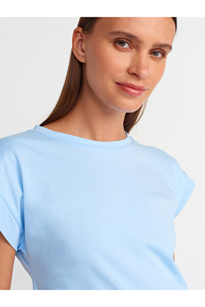 Dilvin 3504 Ανοιχτό μπλε λαιμόκοψη χτενισμένο βαμβακερό μπλουζάκι