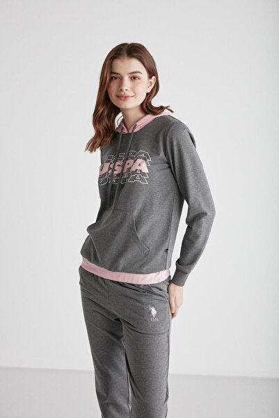 U.S. Polo Assn. 16945 Women's Anthracite Melange Hooded Long Sleeve Pajama Set