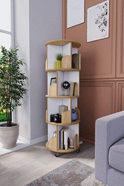 zeo wood design 360° Mdflam Dekoratif Döner Kitaplık - Beyaz / Safir Meşe - 133x45 Cm
