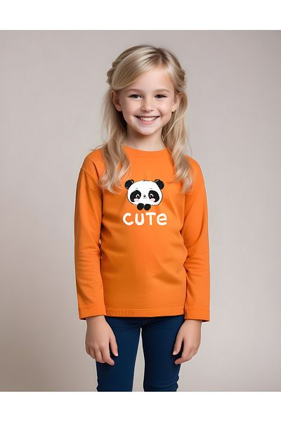 panios kids Cute Printed Girl's Round Neck Orange Sweatshirt