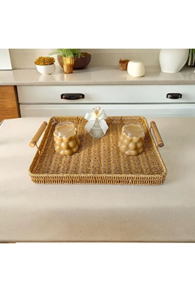 store trend Dikdörtgen Büyük Boy Sunum Dekor Rattan Tepsi 40 x 30 cm