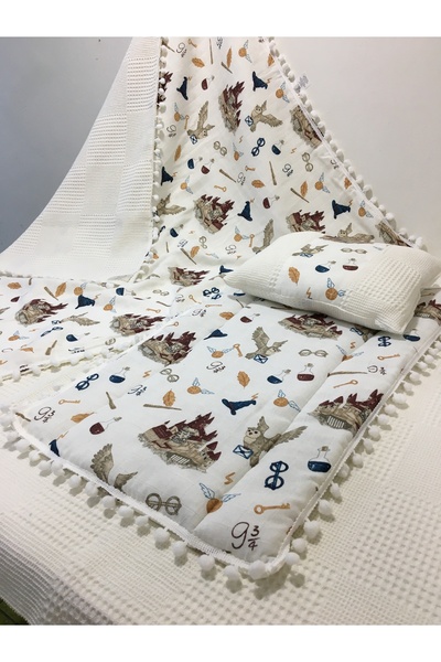 BUSEBABYHOME HARRY POTTER 3-Piece Set - Cream Color, Muslin and Pompom Bottom Opening, Pillow and Blanket