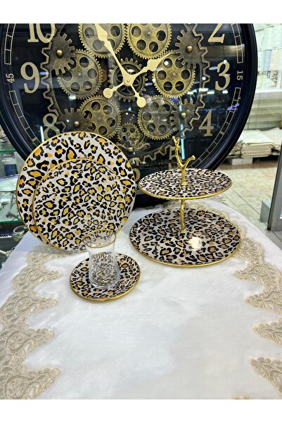 Barok Lepor Desenli Altın Yaldızlı 6 Kişilik 25 Parça Pasta Çay Servis İkram Takımı