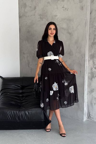 Neşeli Butik Rochie din șifon cu imprimeu - cu curea și guler de cămașă, NBQ011