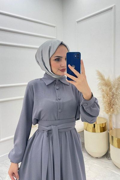 Neşeli Butik XXL Boutique γυναικείο πουκάμισο με ζώνη γιακά χαλαρή χιτζάμπ NMS010