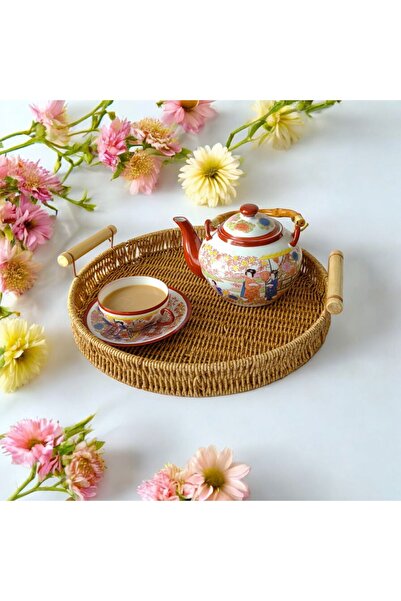 store trend Büyük boy Yuvarlak sunum dekor rattan tepsi 40 x 30 cm