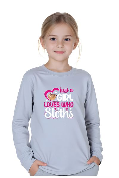 panios kids Сив суитшърт с щампа Just A Girl за момичета с кръгло деколте