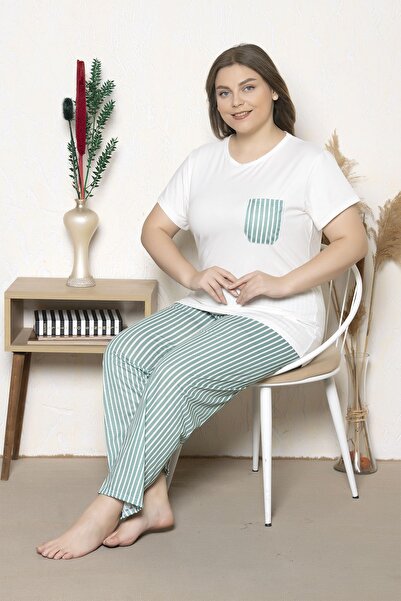 MyBen Plus Size Green Striped Short Sleeve Oversize Pajamas Set B-20
