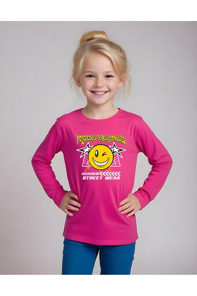 panios kids Positive Vibes Only Printed Girl's Round Neck Fuchsia Sweatshirt
