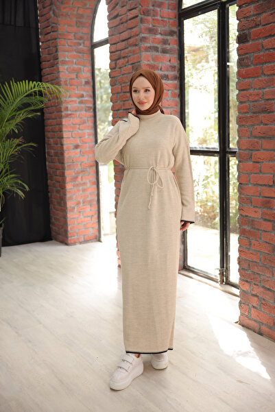 Nissra Ankanoor Beige Hijab Raglan Πλεκτό Φόρεμα με Ζώνη Anka 257001