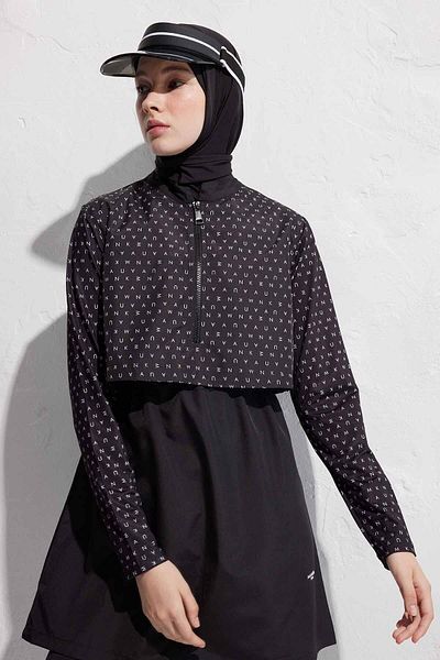 Manuka Schwarzer Logo-Muster Fallschirm Stoff 3 Stück Hijab Badeanzug