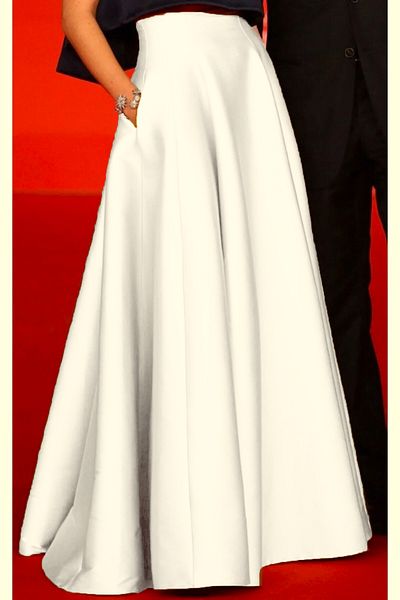NSMLİFE High Waist White Maxi Satin Skirt - Pocket and Pleated