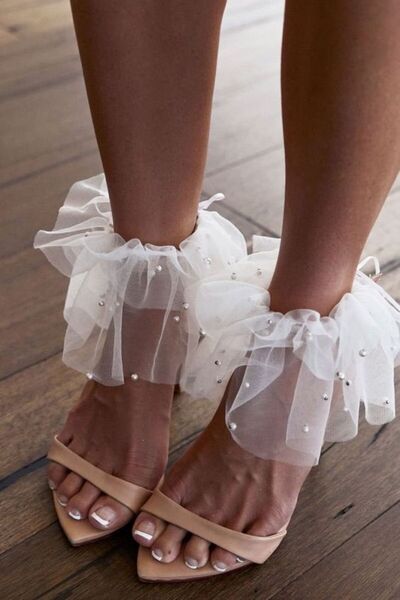 ecrin tuhafiye hobi Beyaz İncili Tül Çorap Gelin Çorabı