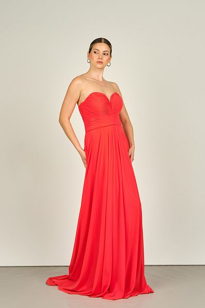 ŞEREF VURAL Pomegranate Flower Patterned Strapless Long Women's Evening Dress -5437021