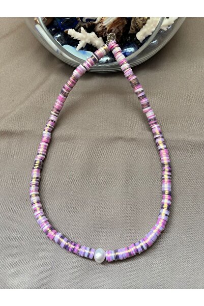 Atelier By Serkan قلادة فيمو باللون الأرجواني مع اللؤلؤ الطبيعي والفضي