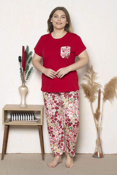 MyBen Plus Size Red Colored Flower Patterned Short Sleeve Oversize Pajamas Set B-27