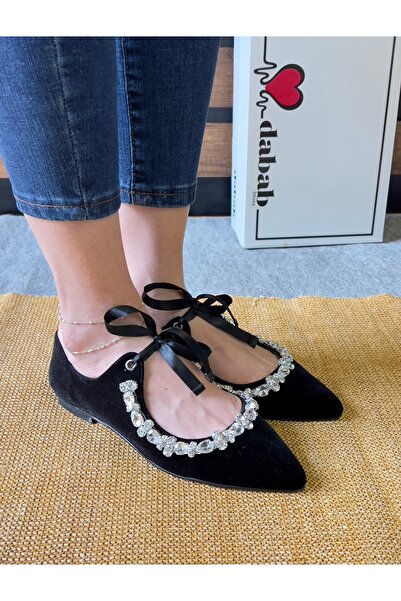 dabab shoes Verva Kadın Siyah Süet Özel Taşlı Babet Günlük Ayakkabı