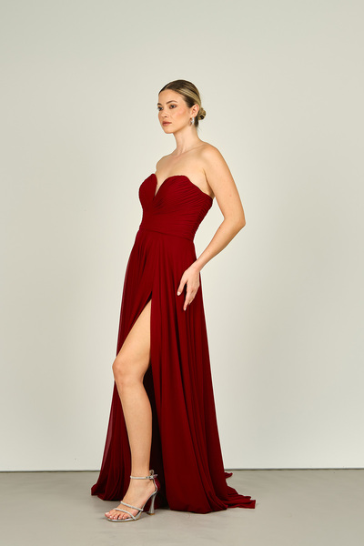 ŞEREF VURAL Strapless Burgundy Long Women's Evening Dress -5437021