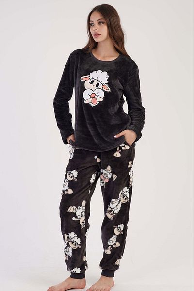 VİENETTA Anthracite Colored Welsoft Women's Pajamas Set - Round Neck, Long Sleeve, Pocket and Cuff Detail
