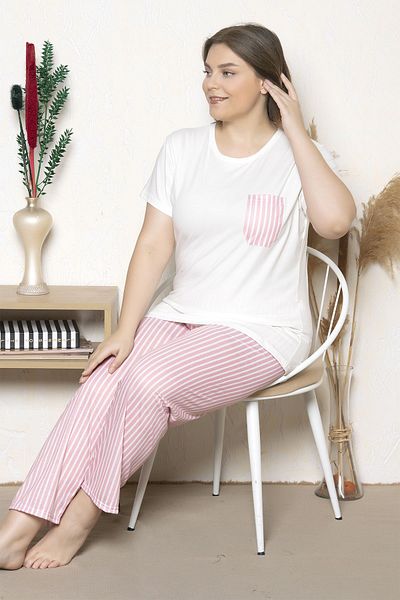 MyBen Plus Size Pink Striped Short Sleeve Oversize Pajamas Set B-18
