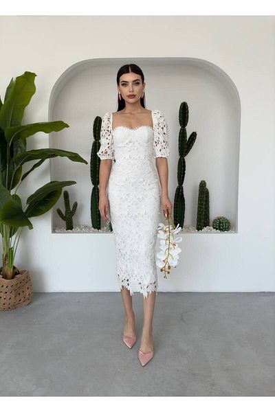 conconmoda Γυναικείο φόρεμα με δαντέλα σε λευκό σχέδιο