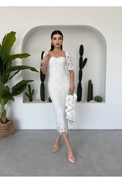 conconmoda Kadın Beyaz Tasarım Dantel Elbise