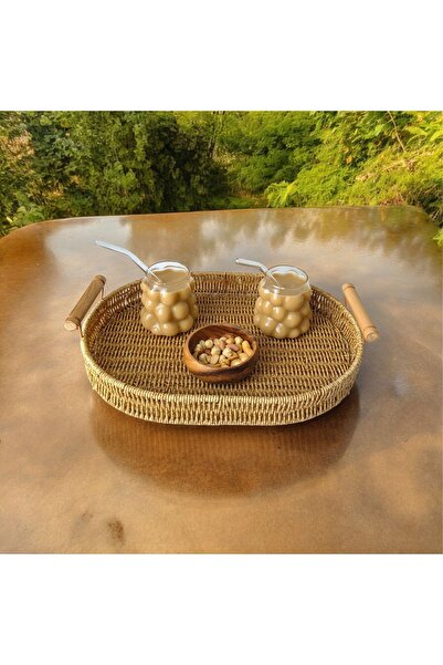 store trend Büyük Boy Oval Rattan Sunum Dekor Tepsi 40x30 cm