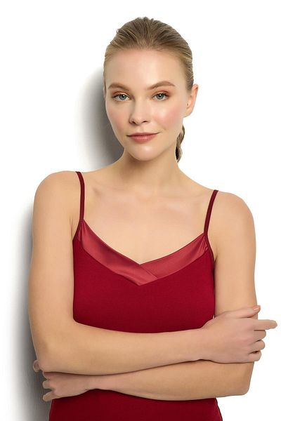 Jiber Women's Satin Collar Rope Strap Burgundy Undershirt 626