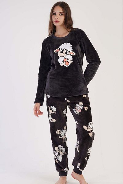 VİENETTA Anthracite Colored Welsoft Women's Pajamas Set - Round Neck, Long Sleeve, Pocket and Cuff Detail